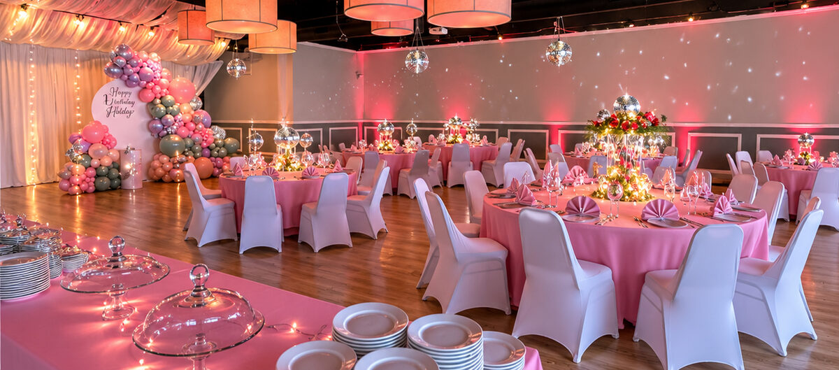 Banquet room decorated for a baby shower brunch