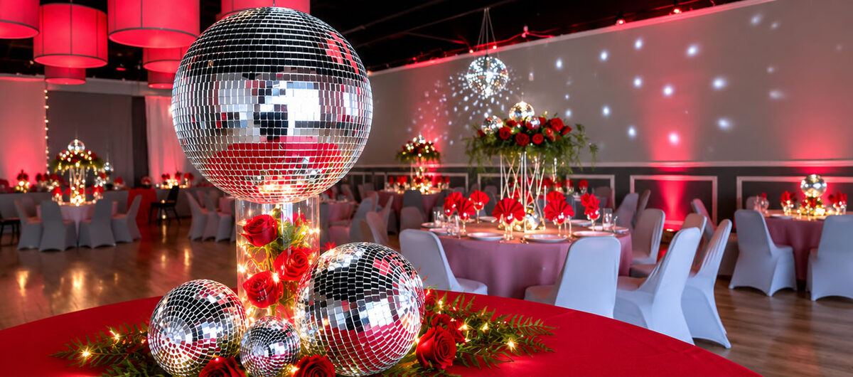 Banquet room set for a bar mitzvah celebration