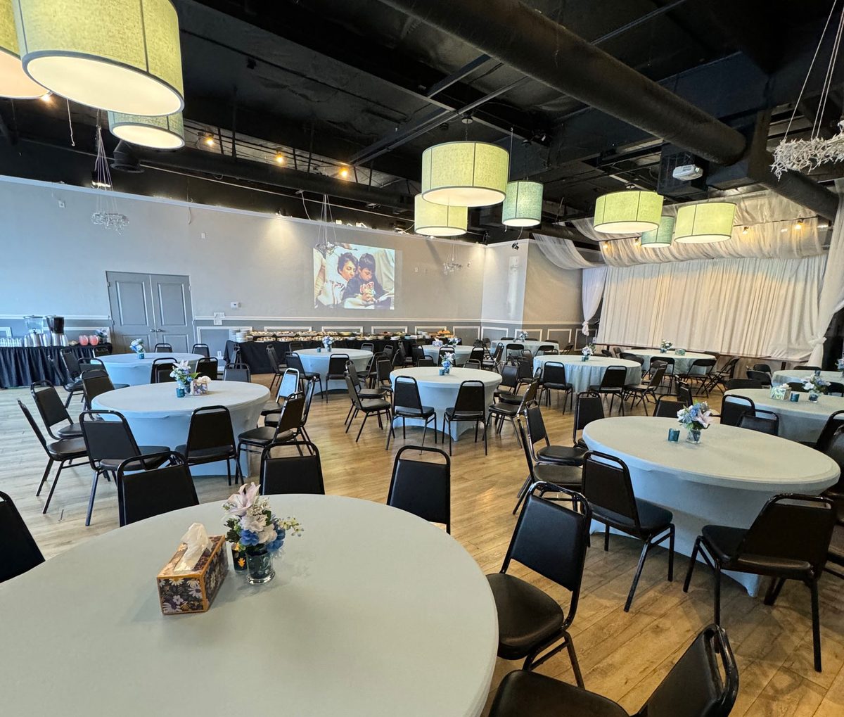 Banquet room set for a celebration of life reception