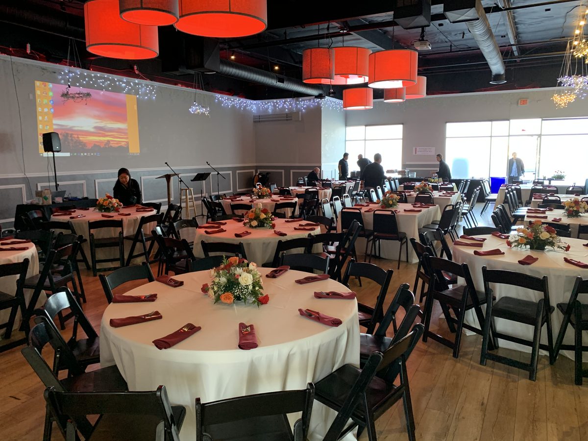 Banquet room set for a graduation party