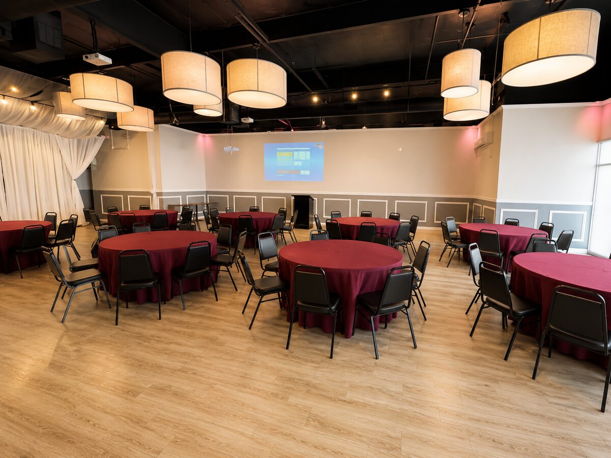 Banquet room decorated for an office holiday party
