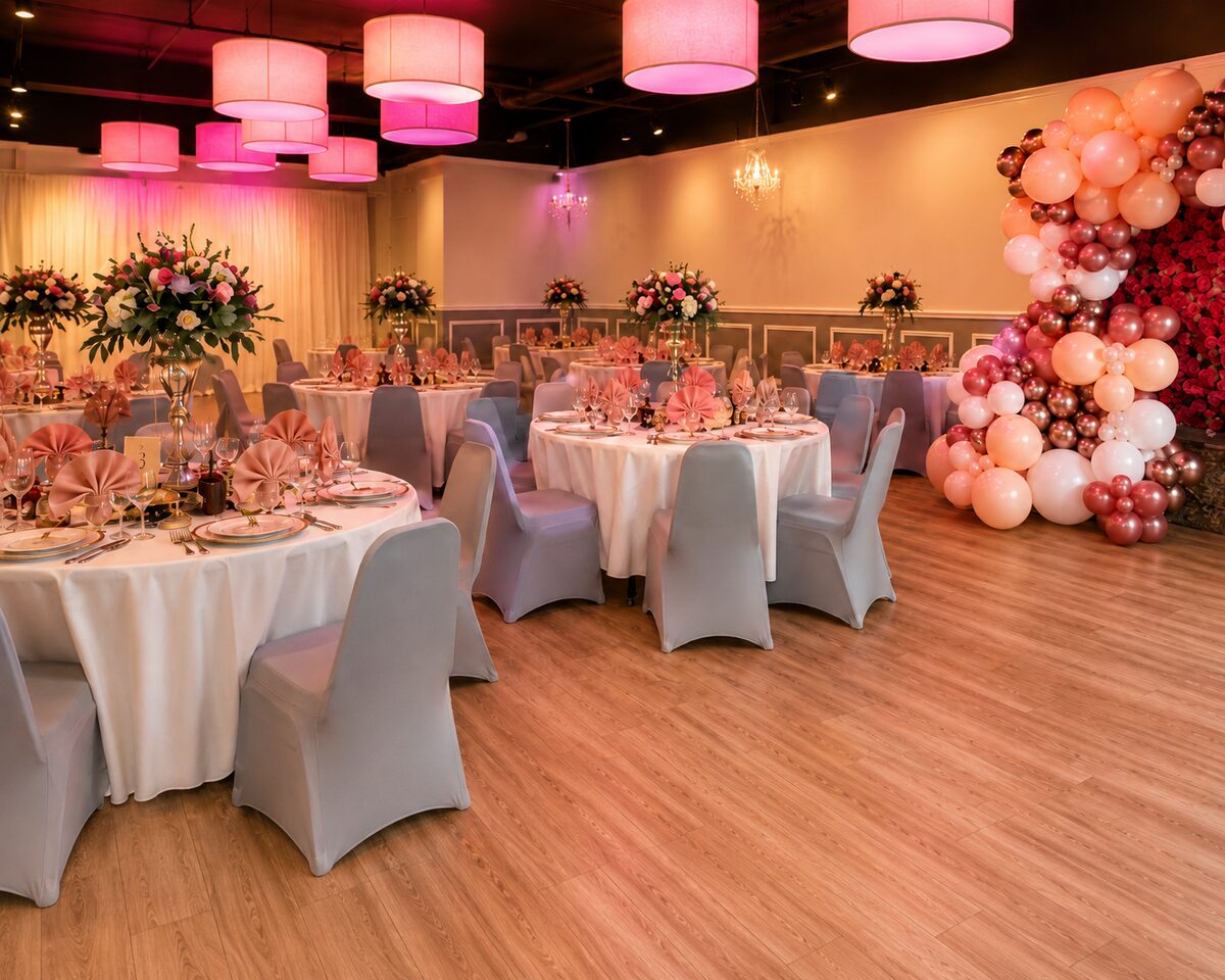 Banquet room set for a milestone birthday dinner