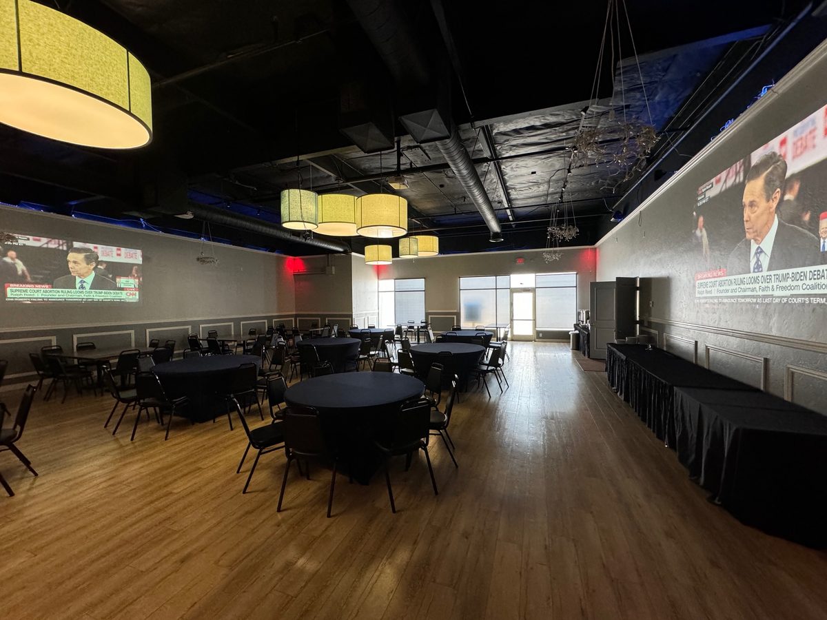 Banquet room set for a sports team awards dinner