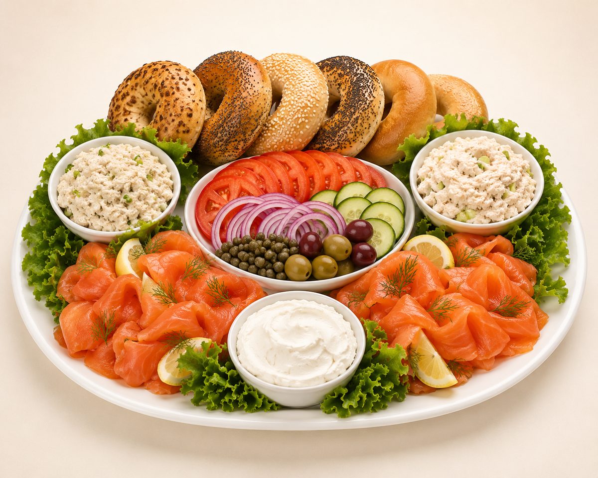 The Big Spread platter with nova lox, bagels, cream cheese, tuna salad and vegetables
