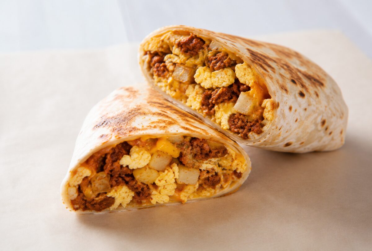 Foil-wrapped breakfast burritos in a catering tray