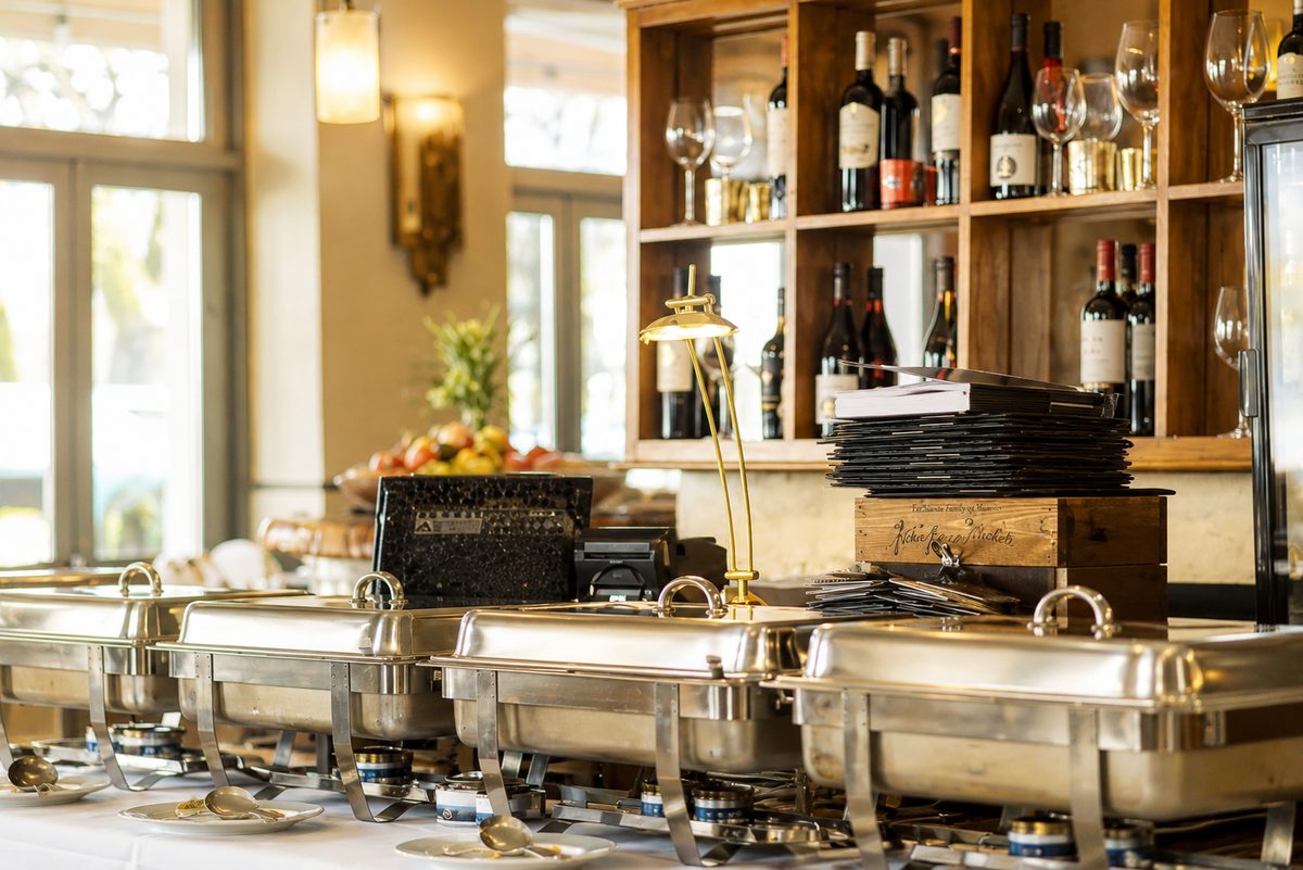 Elijah's catering delivered and set up on a buffet table