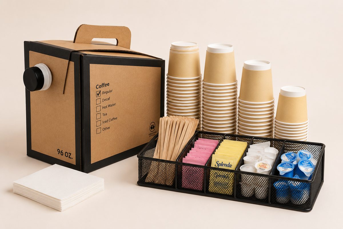 Coffee and beverage station with carafes, cups and creamers