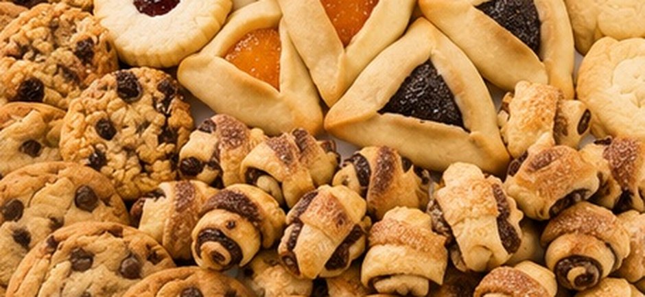 Cookie tray with rugelach, hamentashen and assorted cookies