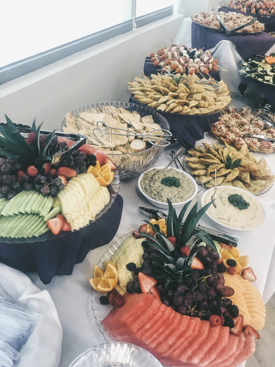 Catered lunch buffet set up in an office conference room