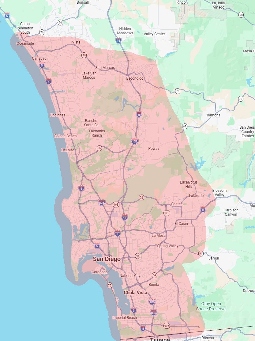 Map of Elijah's catering delivery area across San Diego County