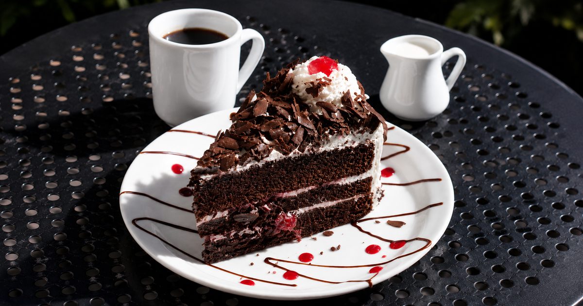 Slice of black forest cake with coffee