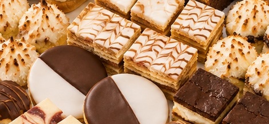 Dessert tray with brownies, napoleons and layer cake slices
