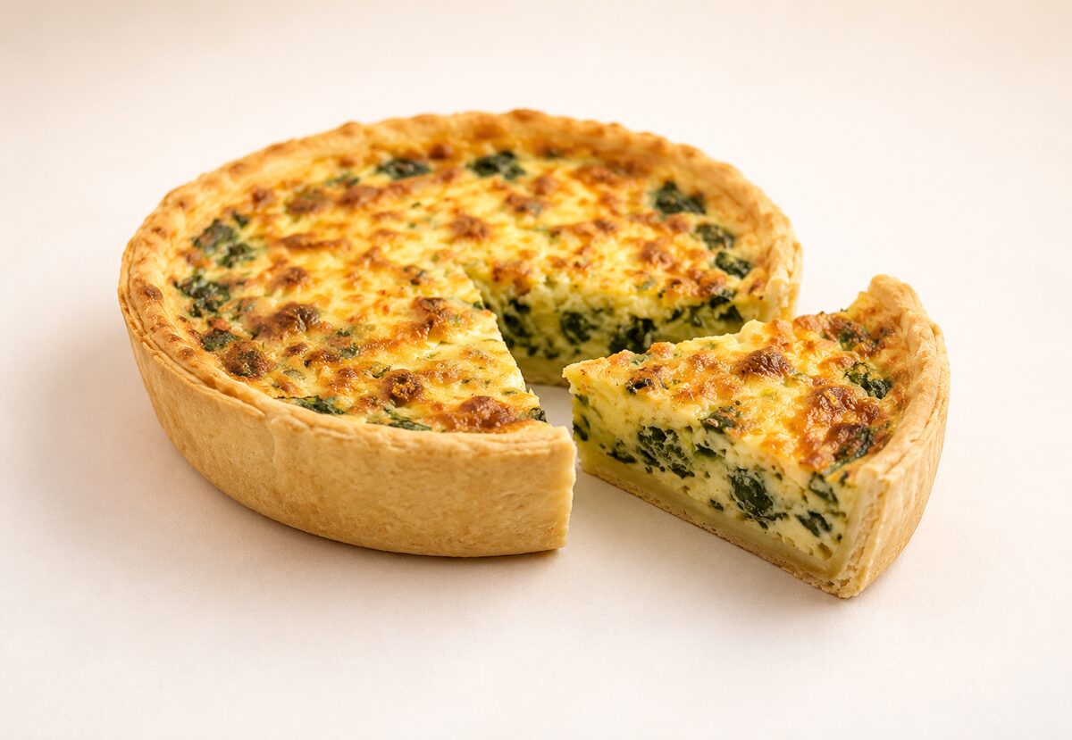 Spinach quiche slices on a breakfast platter