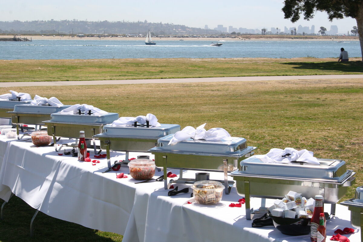 Holiday party buffet with festive table decorations