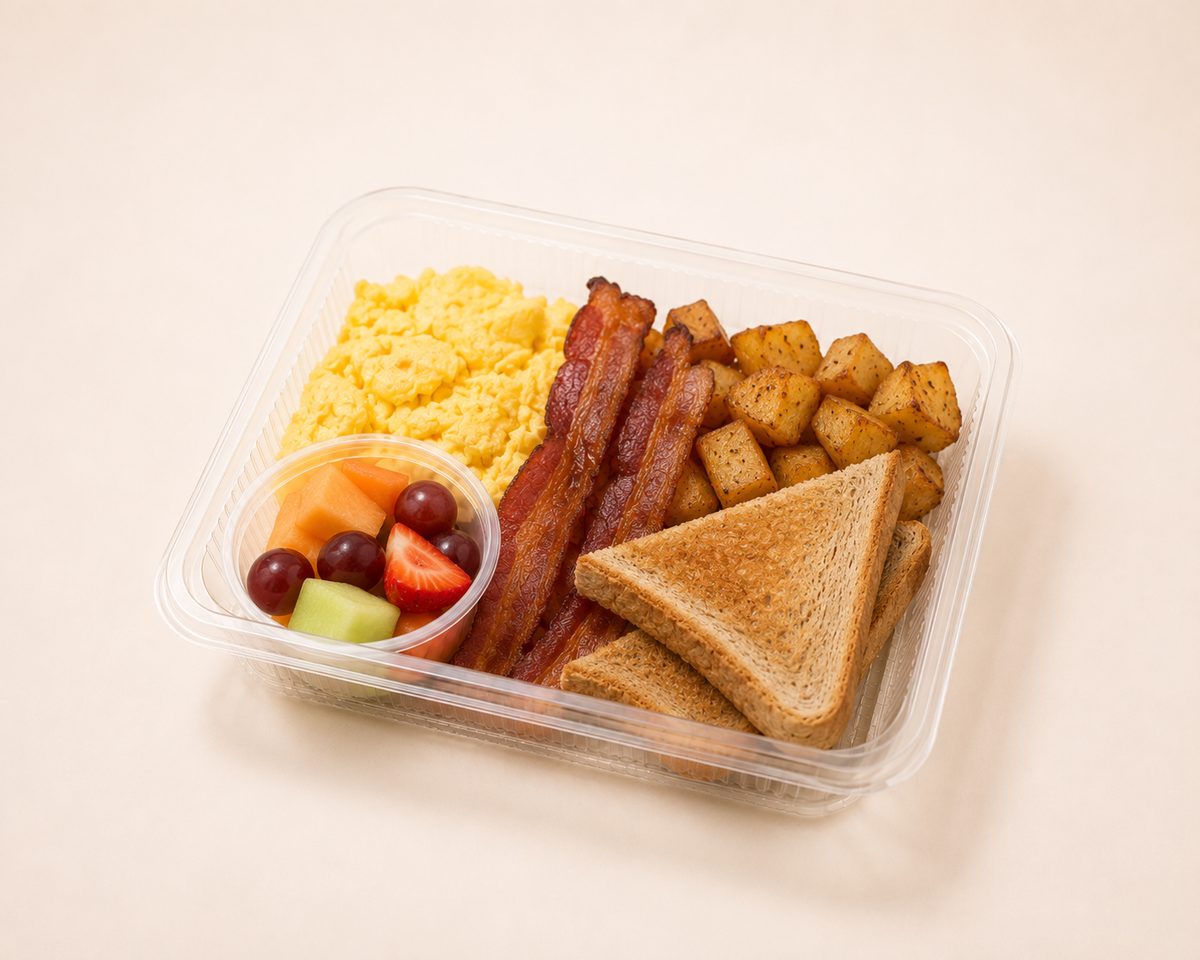 Hot breakfast meal boxes packed for individual delivery