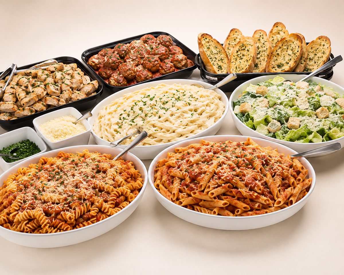 Italian pasta buffet with penne, meatballs, Caesar salad and garlic bread