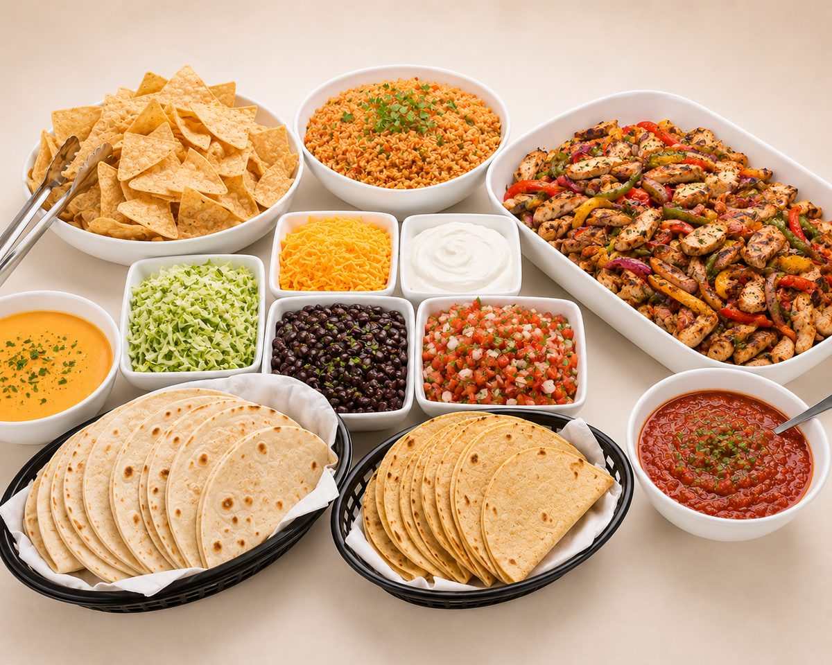 Chicken fajita taco bar with tortillas, rice, beans and salsa