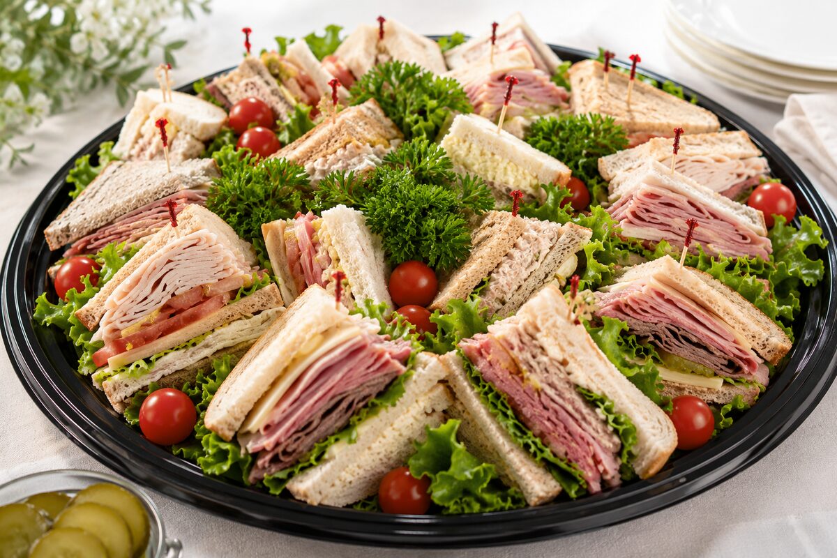 Overstuffed deli sandwich tray with turkey, pastrami and corned beef
