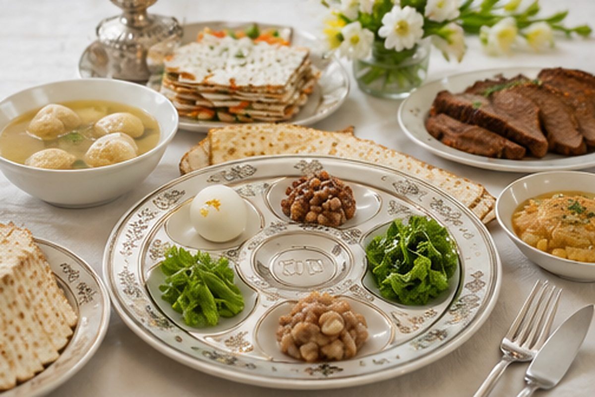 Passover Seder table with Seder plate, matzo ball soup and brisket